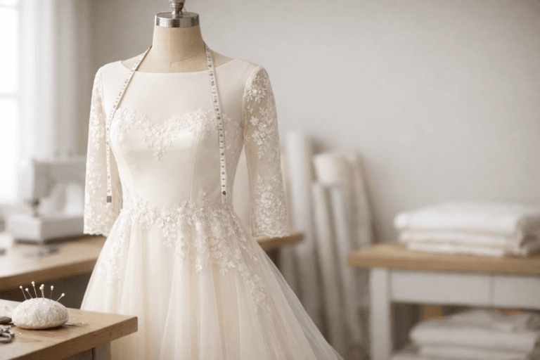 Delicate wedding gown in sewing studio