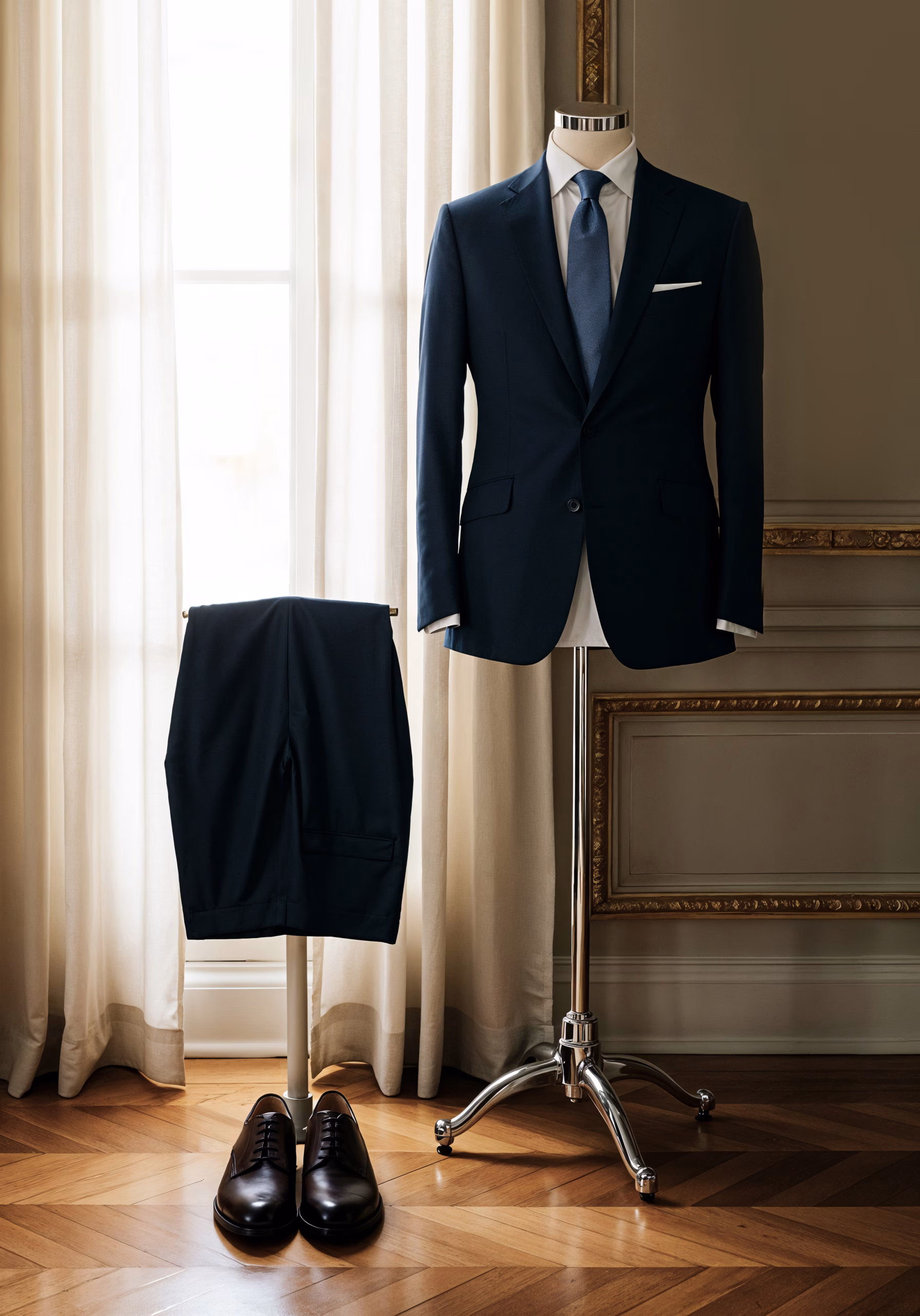 Elegant menswear displayed in a tailoring studio