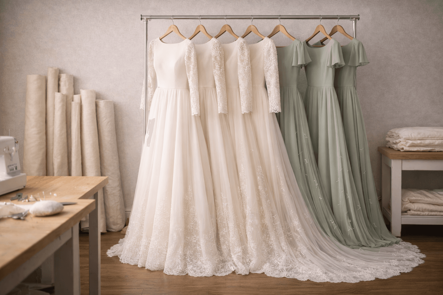 Elegant gowns displayed in a bridal studio