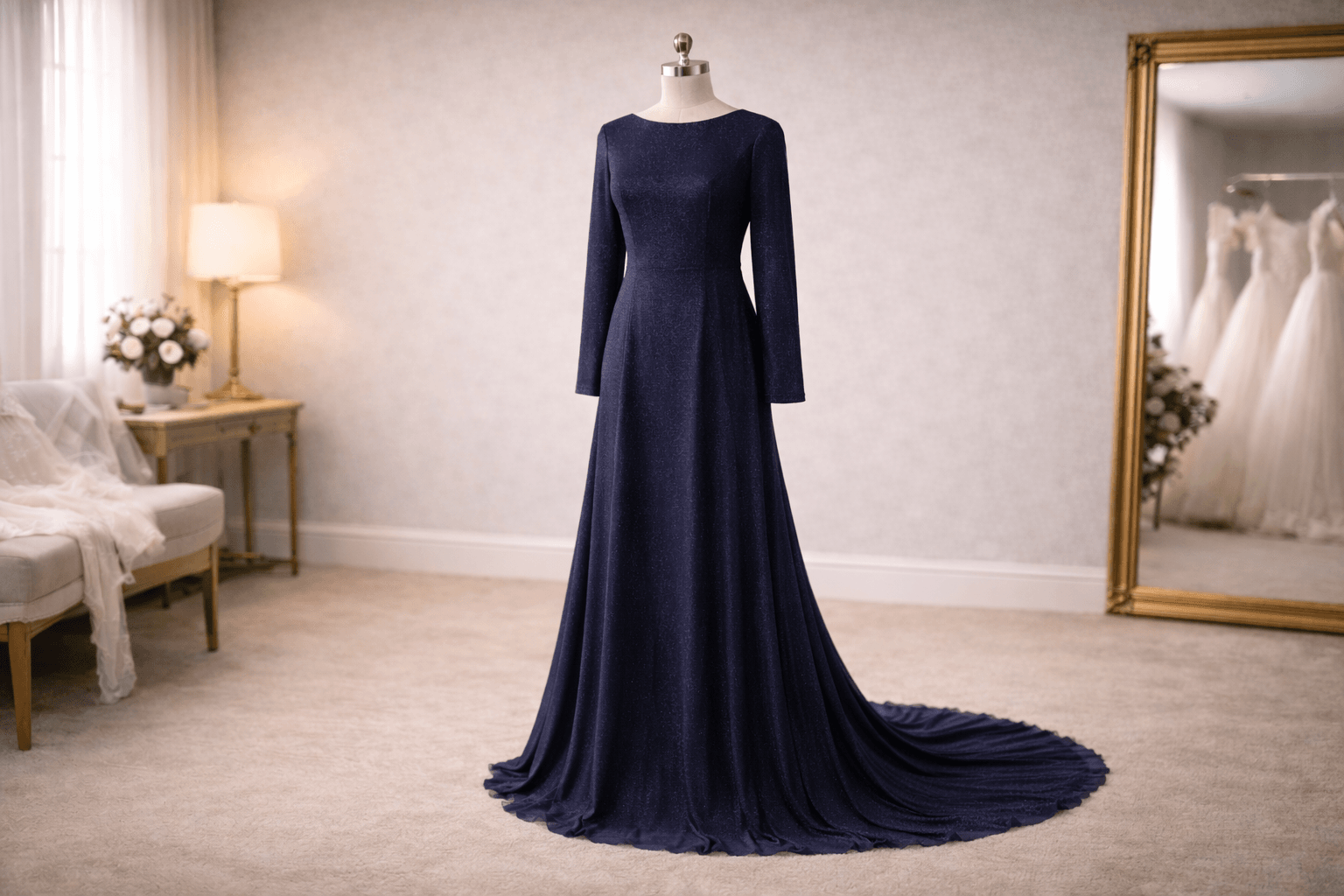 Elegant navy formal gown in a boutique