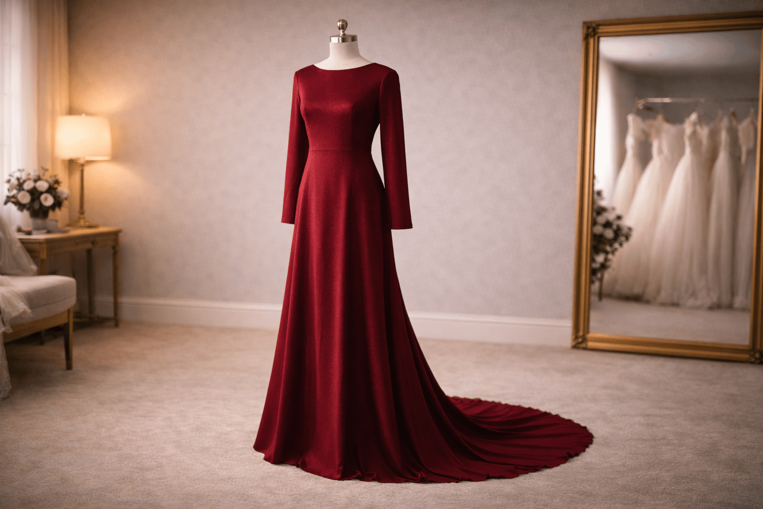 Ruby red evening gown on display