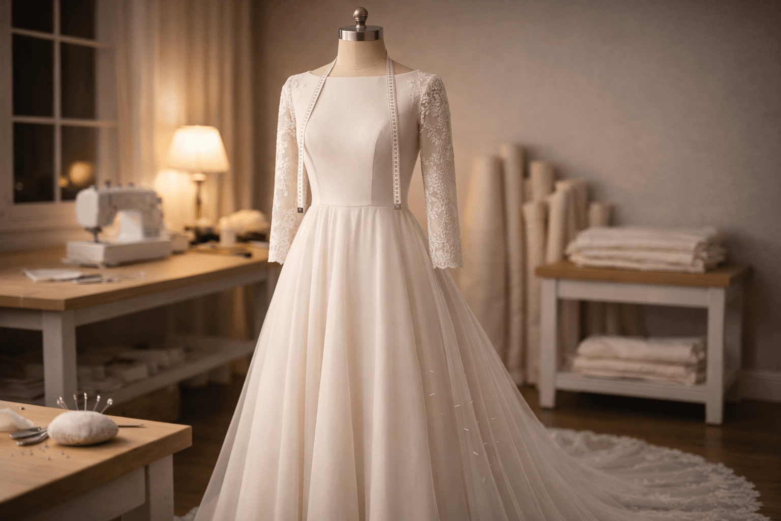 Wedding gown displayed in a bridal atelier