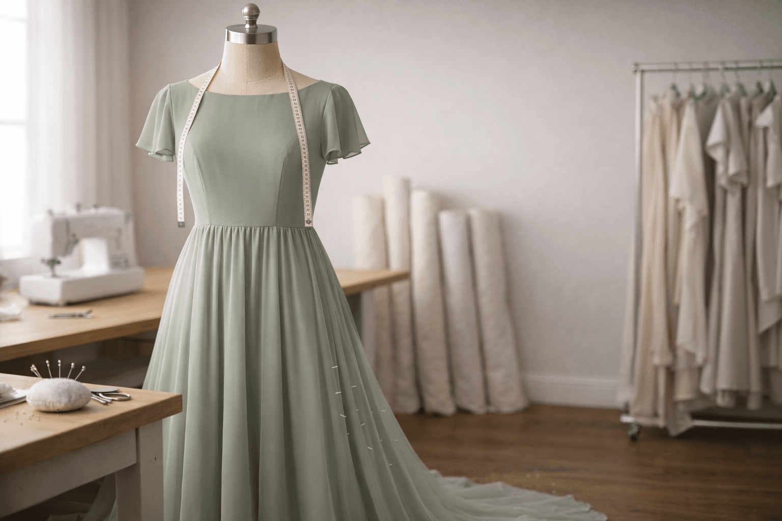 Sage green dress in a sunny tailoring studio