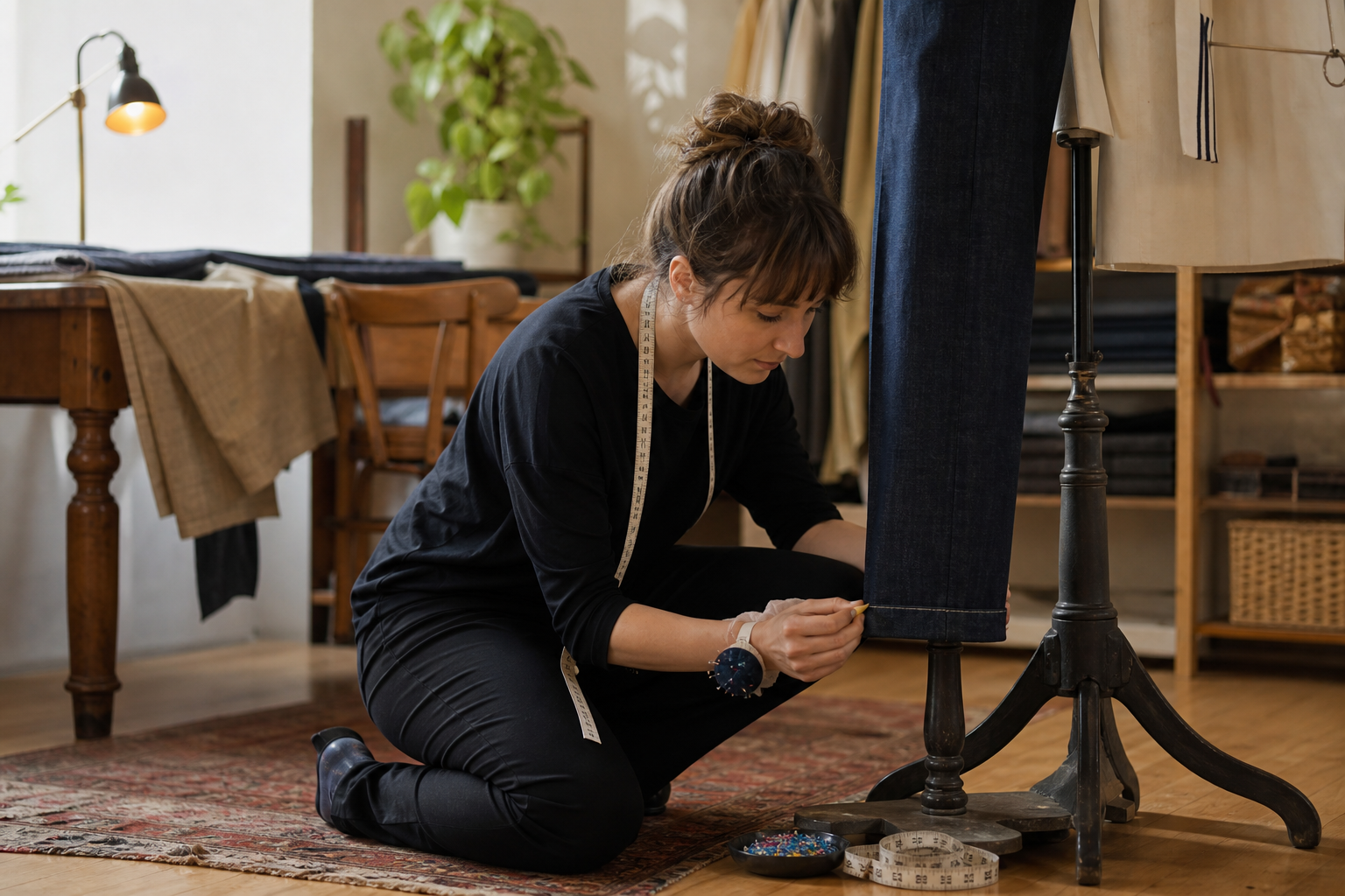 Tailor marking the hem of dark denim trousers