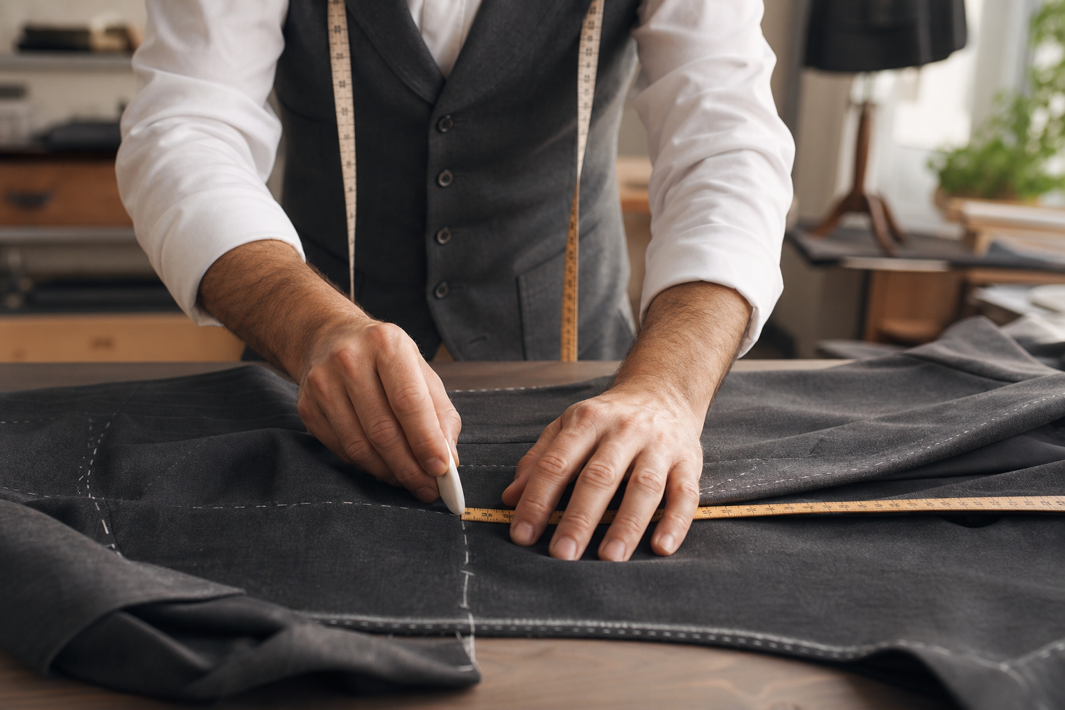 Tailor marking a charcoal formal garment with chalk