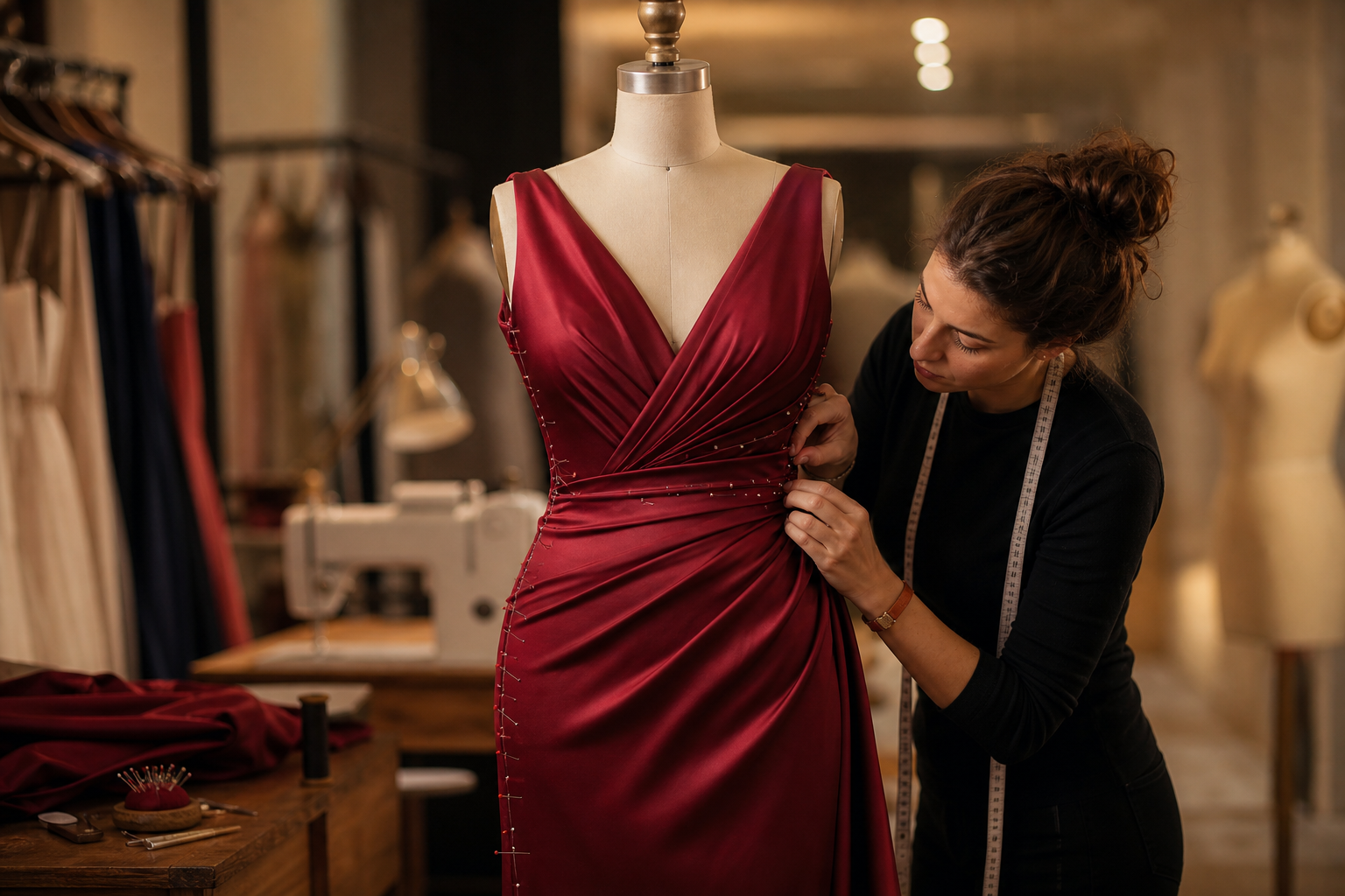 Tailor fitting a ruby formal dress on a dress form