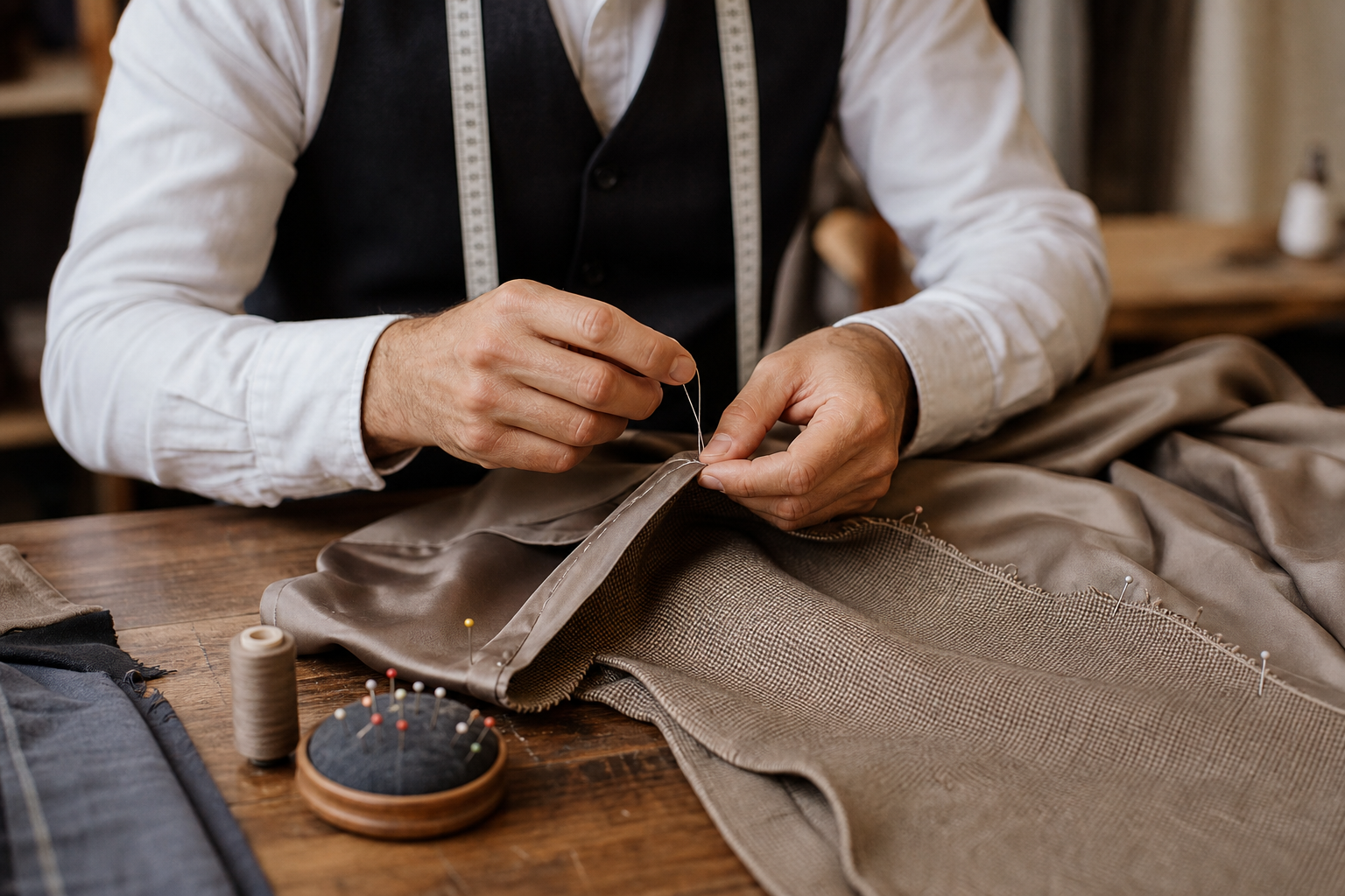 Tailor hand-stitching a specialty textile seam