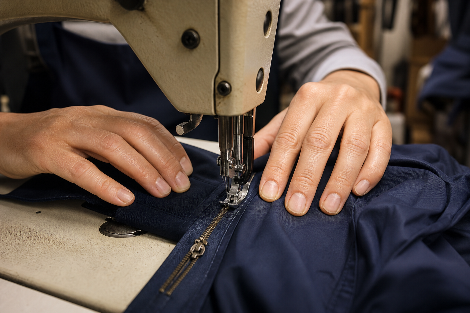 Tailor sewing a zipper into a navy garment